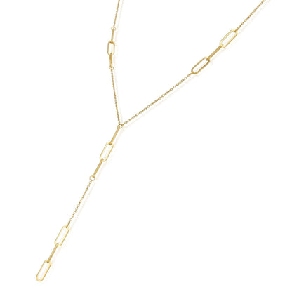 14K Real Gold 17" Lariat Paperclip Chain Necklace with 2.9" Drop