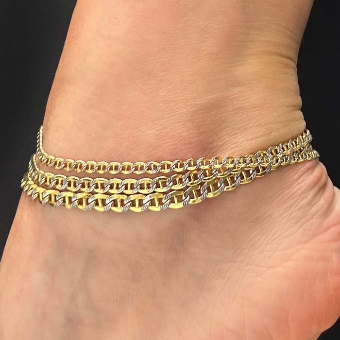 10K Gold - Filled 3.2mm - 5mm Diamond - Cut Mariner Anklet (Solid Links) 10" - WJD Exclusives