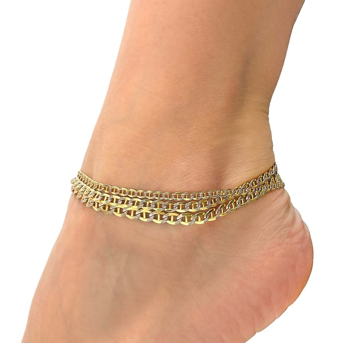 10K Gold - Filled 3.2mm - 5mm Diamond - Cut Mariner Anklet (Solid Links) 10" - WJD Exclusives