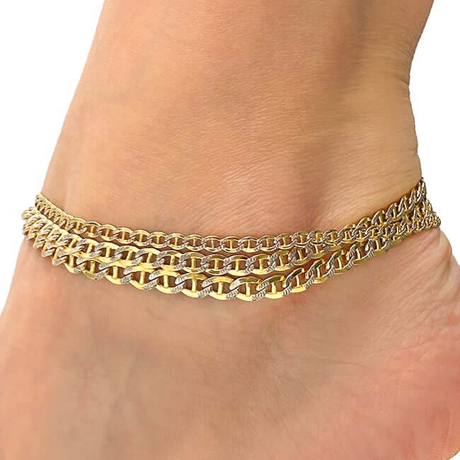 10K Gold - Filled 3.2mm - 5mm Diamond - Cut Mariner Anklet (Solid Links) 10" - WJD Exclusives