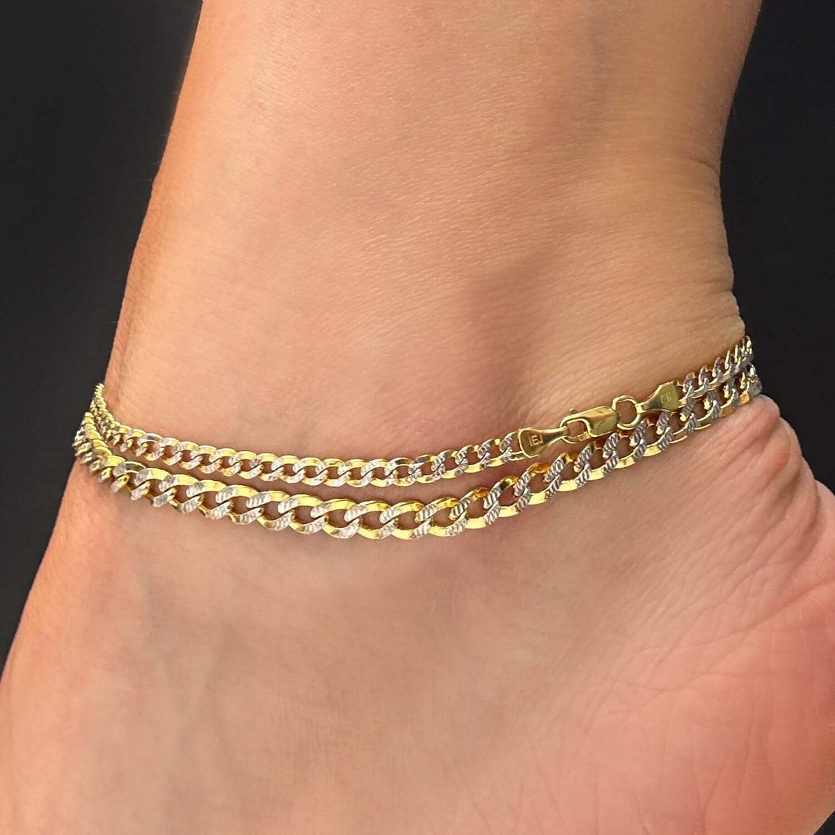 10K Gold - Filled 3.2mm/5mm Diamond - Cut Curb Anklet (Solid Links) 10" - WJD Exclusives