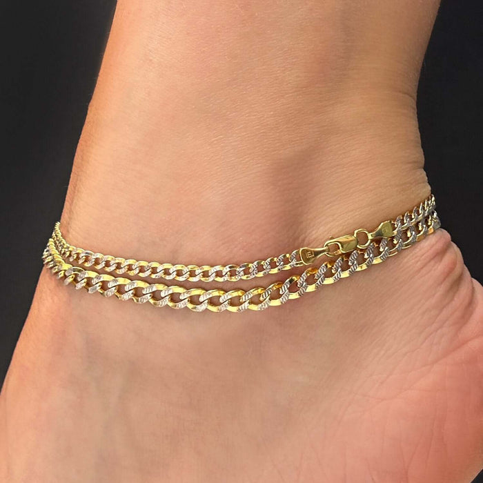 10K Gold - Filled 3.2mm/5mm Diamond - Cut Curb Anklet (Solid Links) 10" - WJD Exclusives