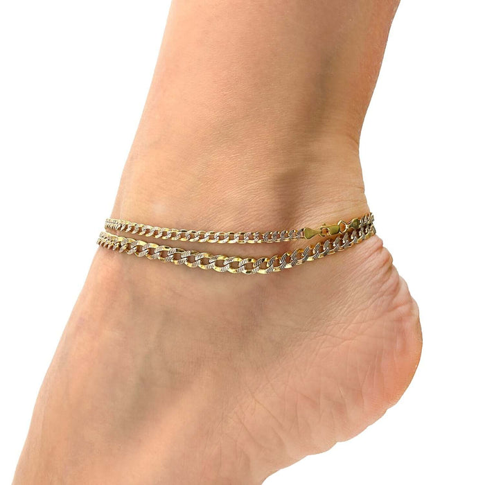 10K Gold - Filled 3.2mm/5mm Diamond - Cut Curb Anklet (Solid Links) 10" - WJD Exclusives