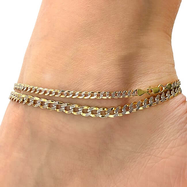10K Gold - Filled 3.2mm/5mm Diamond - Cut Curb Anklet (Solid Links) 10" - WJD Exclusives