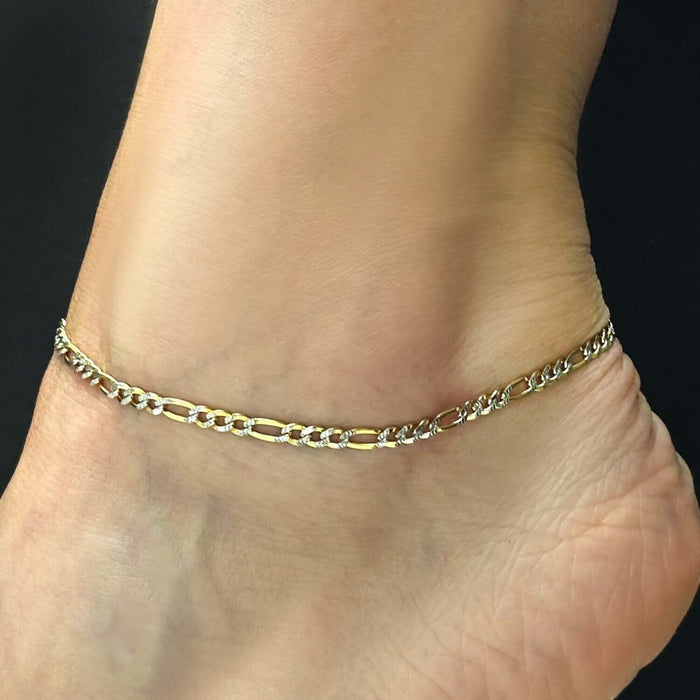 10K Gold - Filled 3mm Diamond - Cut Figaro Anklet (Solid Links) 10" - WJD Exclusives