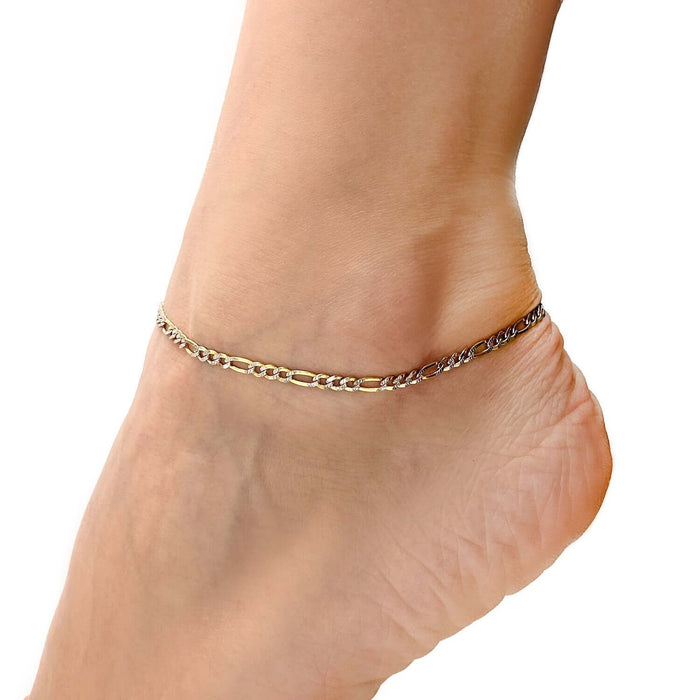 10K Gold - Filled 3mm Diamond - Cut Figaro Anklet (Solid Links) 10" - WJD Exclusives