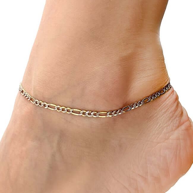 10K Gold - Filled 3mm Diamond - Cut Figaro Anklet (Solid Links) 10" - WJD Exclusives