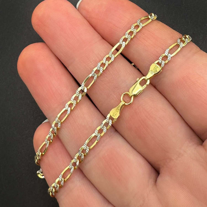 10K Gold - Filled 3.2mm Diamond - Cut Figaro Chain (Solid Links) 18" - 24" - WJD Exclusives