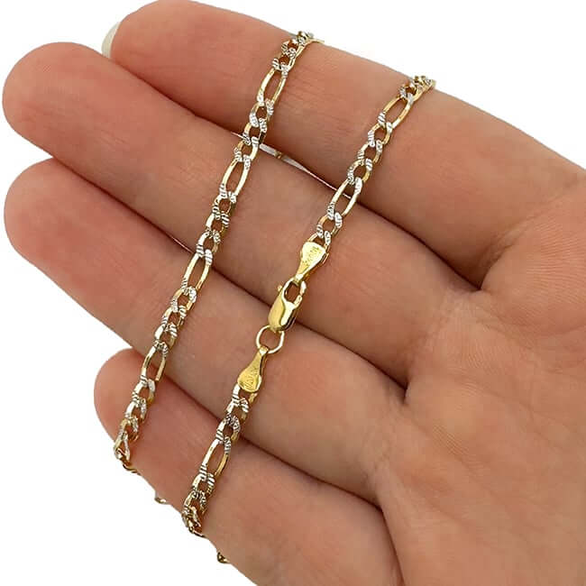 10K Gold - Filled 3.2mm Diamond - Cut Figaro Chain (Solid Links) 18" - 24" - WJD Exclusives
