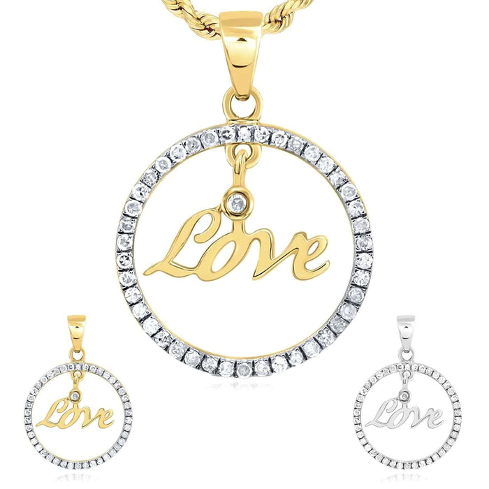 0.25CTW Natural Diamond 10K Gold Yellow, White Round Love Pendant 0.8" - WJD Exclusives
