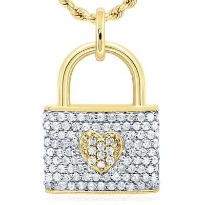 0.25CTW Natural Diamond 10K Gold Two - Tone Lock Pendant with Heart Accent 0.65" - WJD Exclusives
