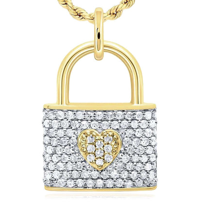 0.25CTW Real Diamond 10K Real Gold Two-Tone Lock Pendant with Heart Accent 0.65"