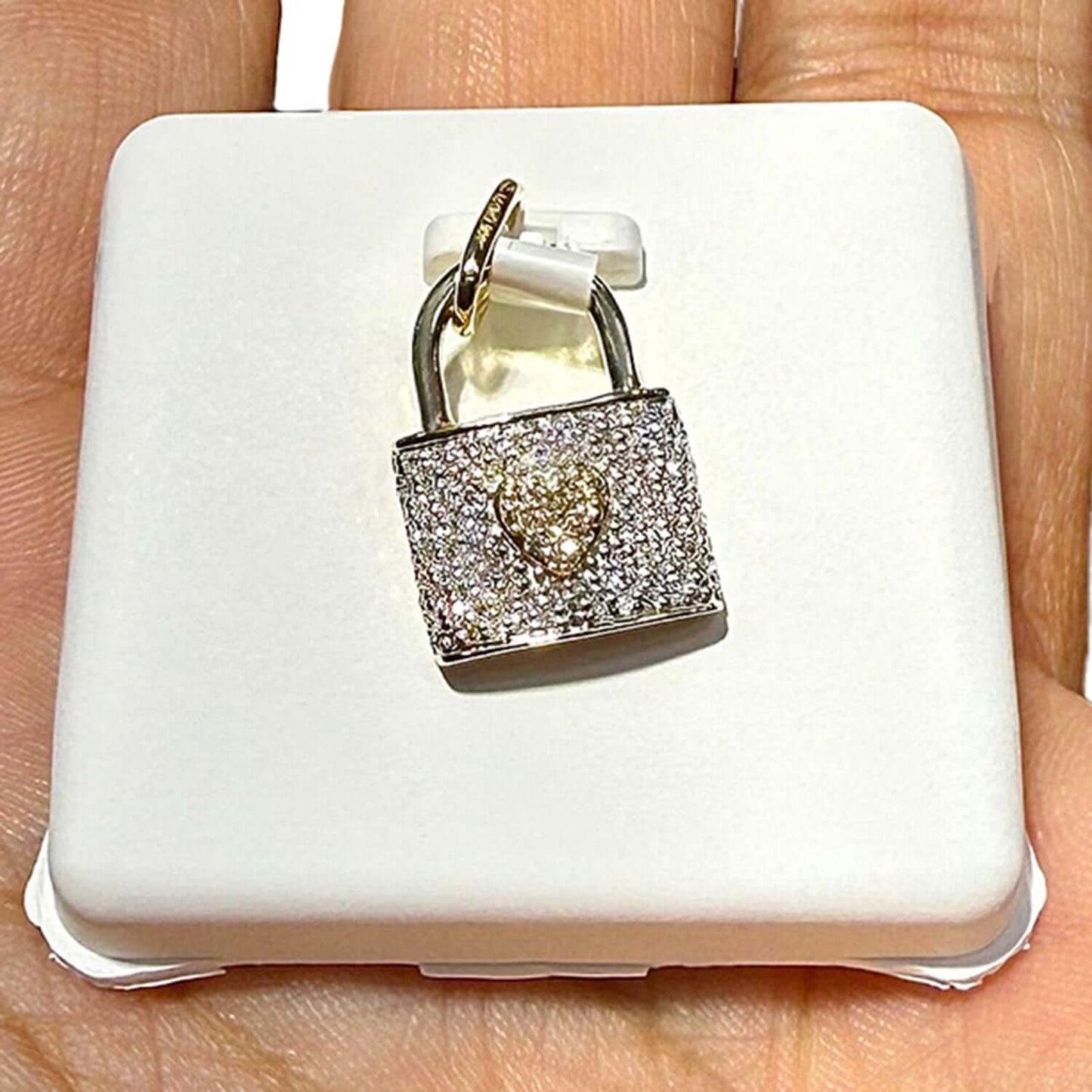 0.25CTW Natural Diamond 10K Gold Two-Tone Lock Pendant with Heart Accent 0.65"