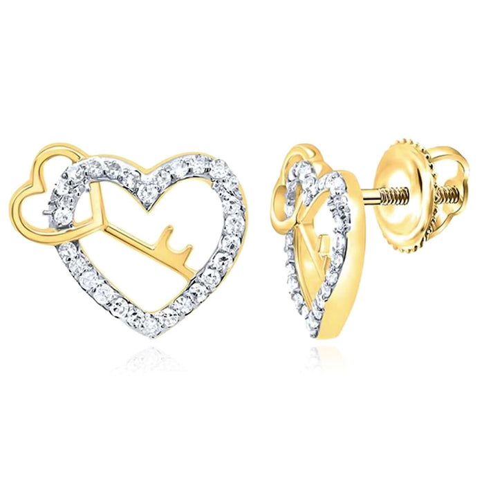 0.20CTW Natural Diamond Real 10K Gold Heart & Key Stud Earrings 11mm - WJD Exclusives