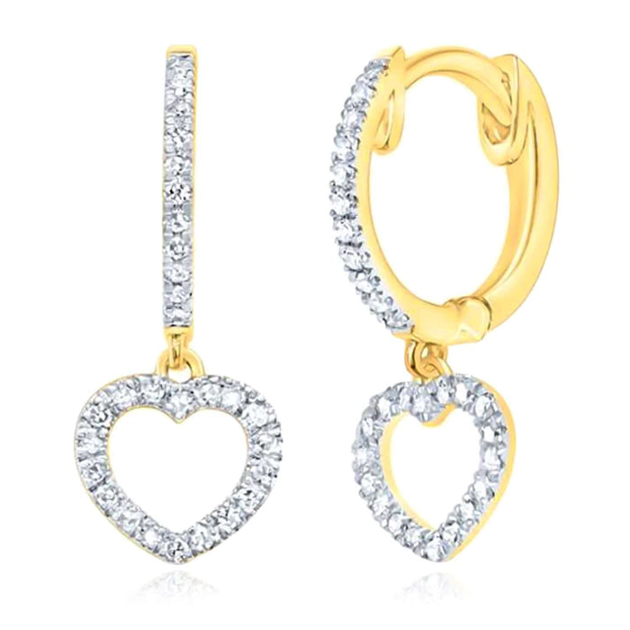 0.16CTW Natural Diamond Real 10K Gold Heart Drop Earrings, Hinged Back, 18mm - WJD Exclusives