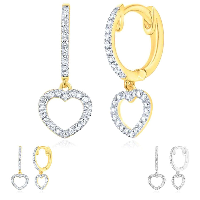 0.16CTW Natural Diamond Real 10K Gold Heart Drop Earrings, Hinged Back, 18mm - WJD Exclusives