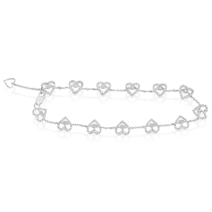 0.75CTW Natural Diamond 10K White Gold Heart Bracelet (Solid Links) Adjustable 7.5" - 8" - WJD Exclusives