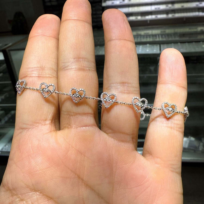 0.75CTW Natural Diamond 10K White Gold Heart Bracelet (Solid Links) Adjustable 7.5" - 8" - WJD Exclusives