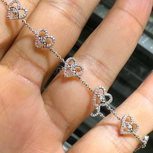 0.75CTW Natural Diamond 10K White Gold Heart Bracelet (Solid Links) Adjustable 7.5" - 8" - WJD Exclusives