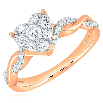 0.50CTW Natural Diamond Real 14K Rose Gold Heart Twisted Shank Cocktail Ring - WJD Exclusives