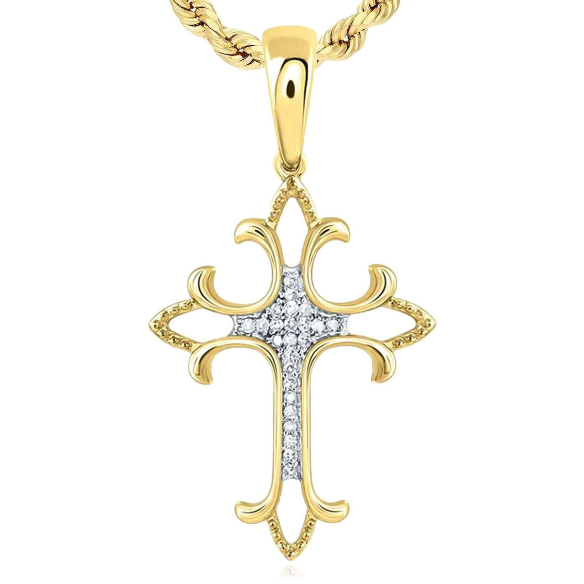 0.08CTW Natural Diamond Real 10K Gold Fleur - De - Lis Cross Pendant, 1.38" - WJD Exclusives