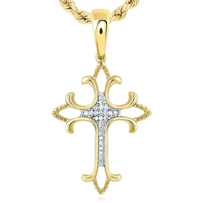 0.08CTW Natural Diamond Real 10K Gold Fleur - De - Lis Cross Pendant, 1.38" - WJD Exclusives