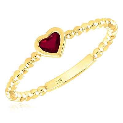 0.20CT Natural Ruby Real 14K Yellow Gold Heart Popcorn Beaded Stackable Band Ring - WJD Exclusives