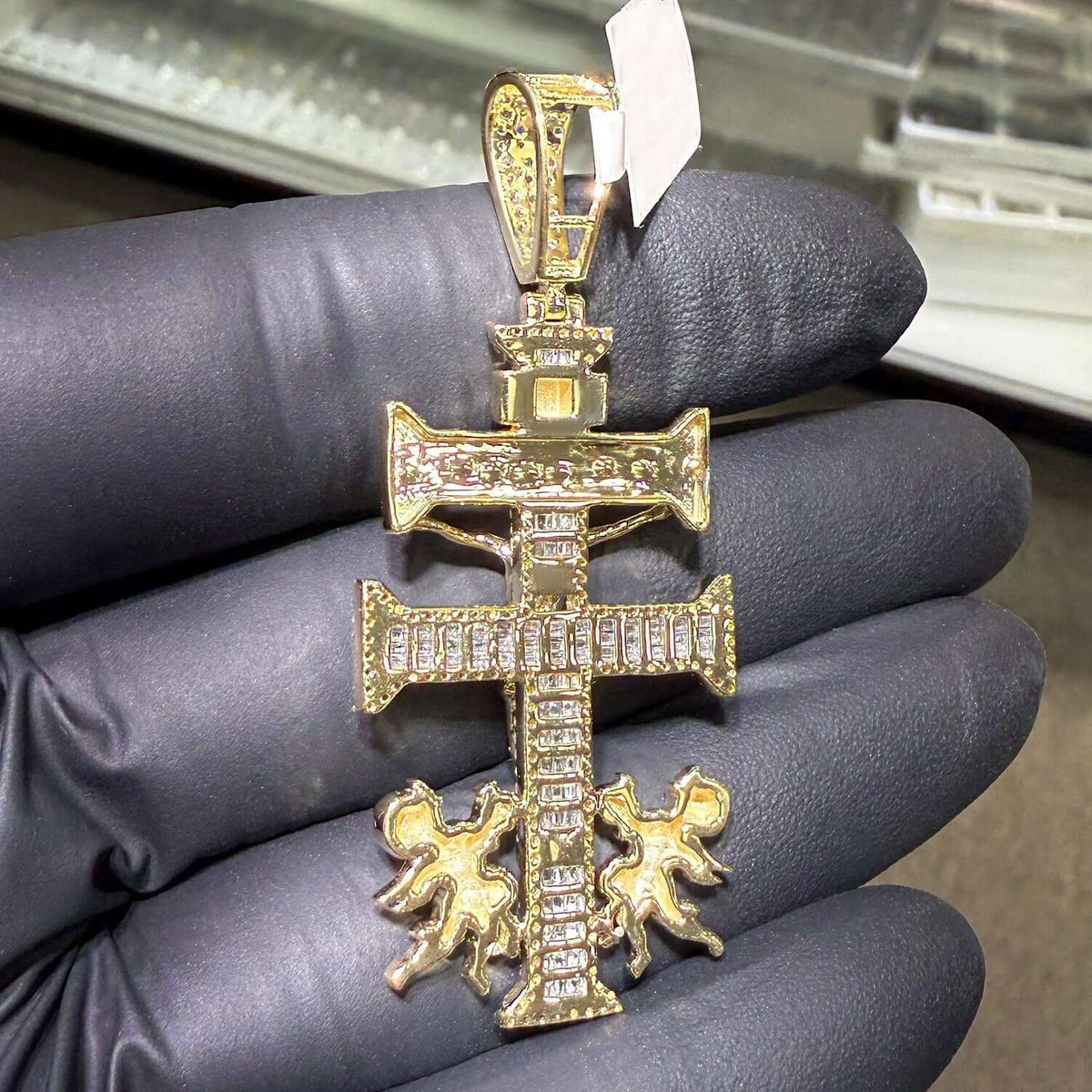 1.25CTW Natural Diamond Real 10K Gold La Cruz De Plata Caravaca Cross Pendant 2.45" - WJD Exclusives
