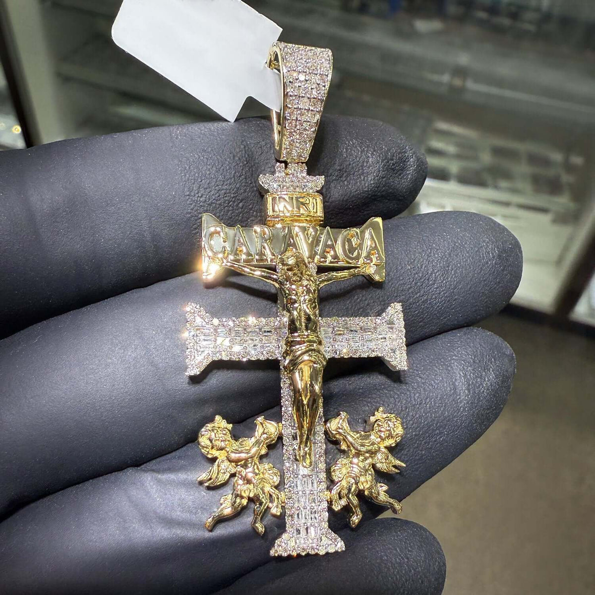 1.25CTW Natural Diamond Real 10K Gold La Cruz De Plata Caravaca Cross Pendant 2.45" - WJD Exclusives