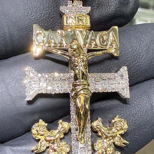 1.25CTW Natural Diamond Real 10K Gold La Cruz De Plata Caravaca Cross Pendant 2.45" - WJD Exclusives
