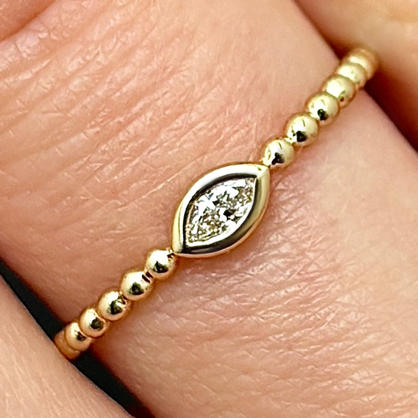 Natural Diamond Real 14K Gold Marquise Popcorn Beaded Stackable Band Ring