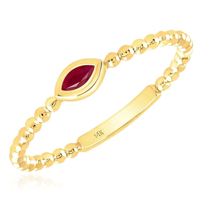 0.05CTW Natural Ruby 14K Yellow Gold Marquise Popcorn Beaded Stackable Band Ring - WJD Exclusives
