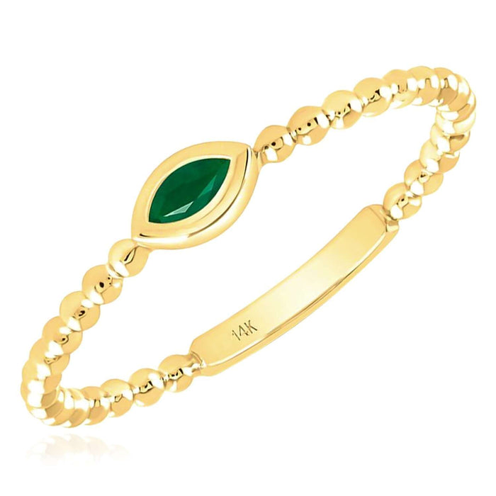 Natural Green Emerald 14K Yellow Gold Marquise Popcorn Beaded Stackable Band Ring - WJD Exclusives