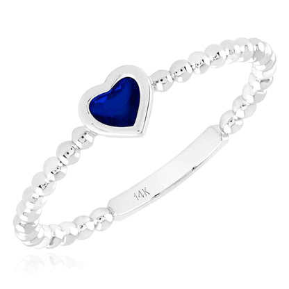 0.20CT Natural Blue Sapphire 14K White Gold Beaded Heart Stackable Band Ring