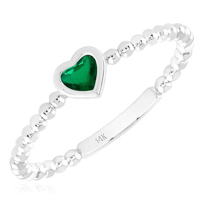 0.20CT Natural Green Emerald 14K White Gold Beaded Heart Stackable Band Ring - WJD Exclusives