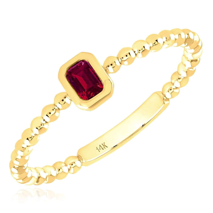 0.15CT Natural Red Ruby 14K Yellow Gold Beaded Emerald - Cut Stackable Band Ring - WJD Exclusives