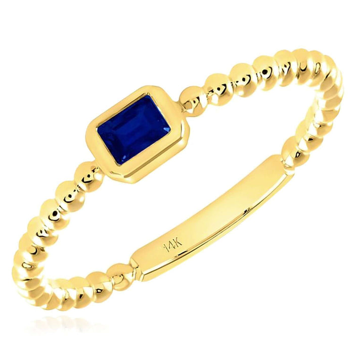 Natural Blue Sapphire Real 14K Gold Beaded Emerald - Cut Stackable Band Ring - WJD Exclusives