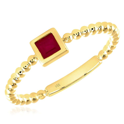 0.15CT Natural Red Ruby Real 14K Gold Beaded Square - Cut Stackable Band Ring - WJD Exclusives