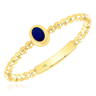 Natural Blue Sapphire Real 14K Gold Beaded Sideways Oval Stackable Band Ring - WJD Exclusives