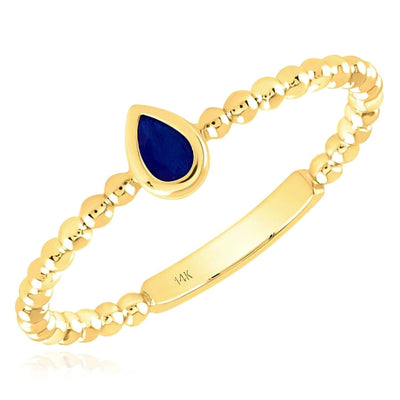 Natural Blue Sapphire Real 14K Gold Beaded Sideways Teardrop Stackable Band Ring - WJD Exclusives
