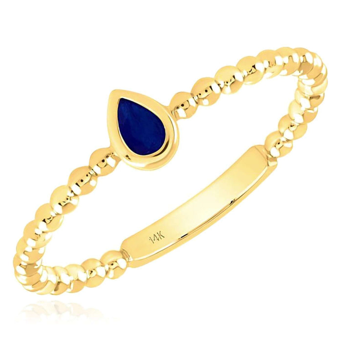 Natural Blue Sapphire Real 14K Gold Beaded Sideways Teardrop Stackable Band Ring - WJD Exclusives
