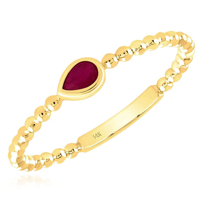 0.08CT Natural Red Ruby Real 14K Gold Beaded Teardrop Stackable Band Ring - WJD Exclusives