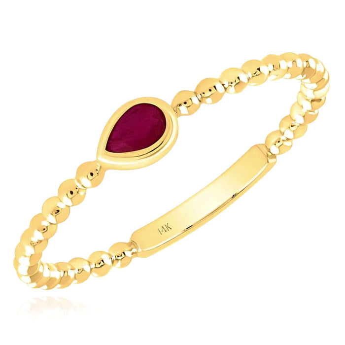 0.08CT Natural Red Ruby Real 14K Gold Beaded Teardrop Stackable Band Ring - WJD Exclusives