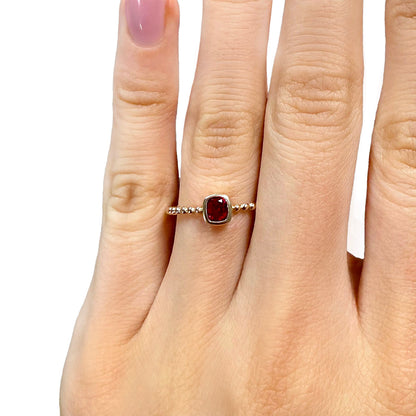 0.15CT Natural Red Ruby Real 14K Gold Beaded Cushion-Cut Stackable Band Ring