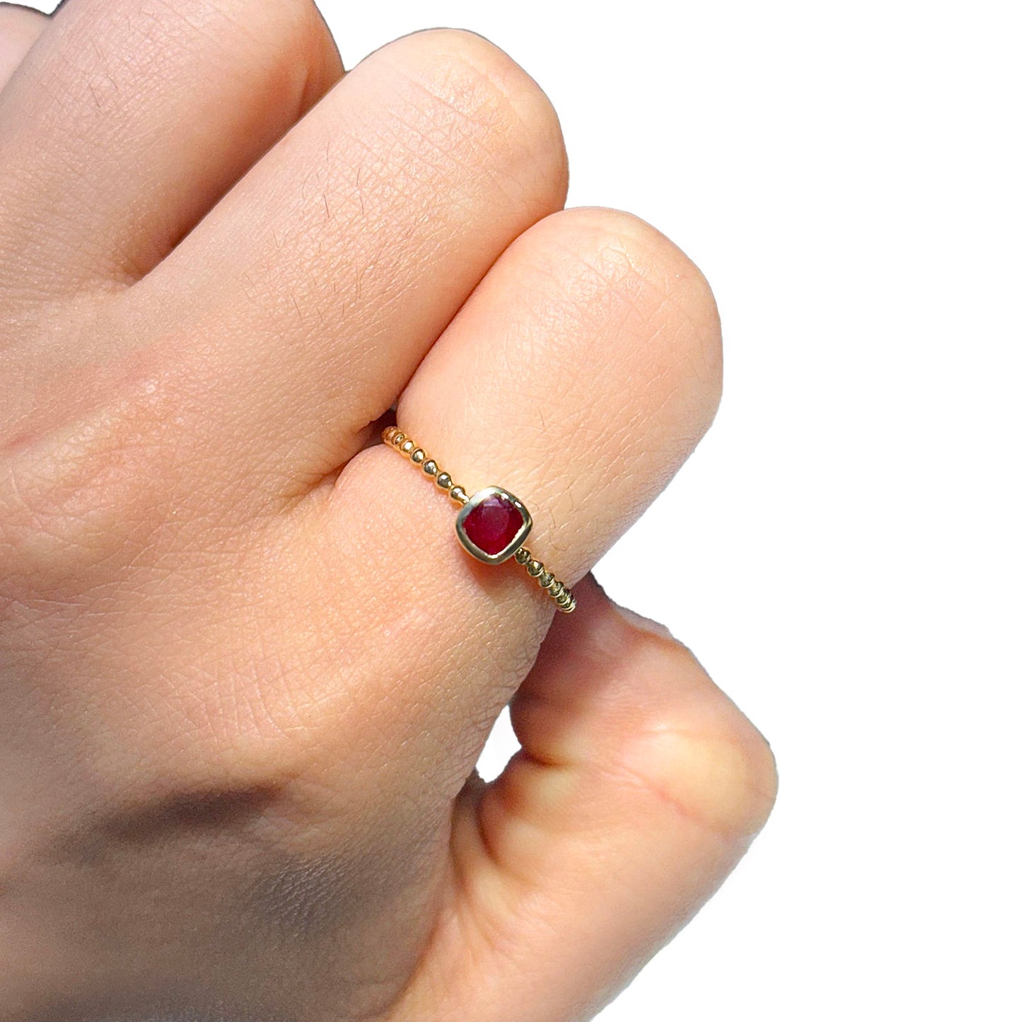 0.15CT Natural Red Ruby Real 14K Gold Beaded Cushion-Cut Stackable Band Ring