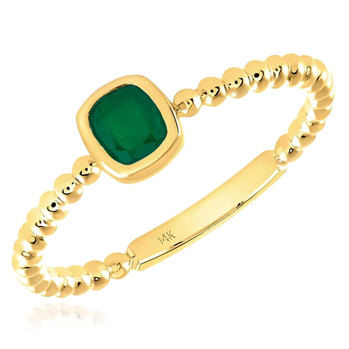 Natural Green Emerald Real 14K Gold Beaded Cushion - Cut Stackable Band Ring - WJD Exclusives
