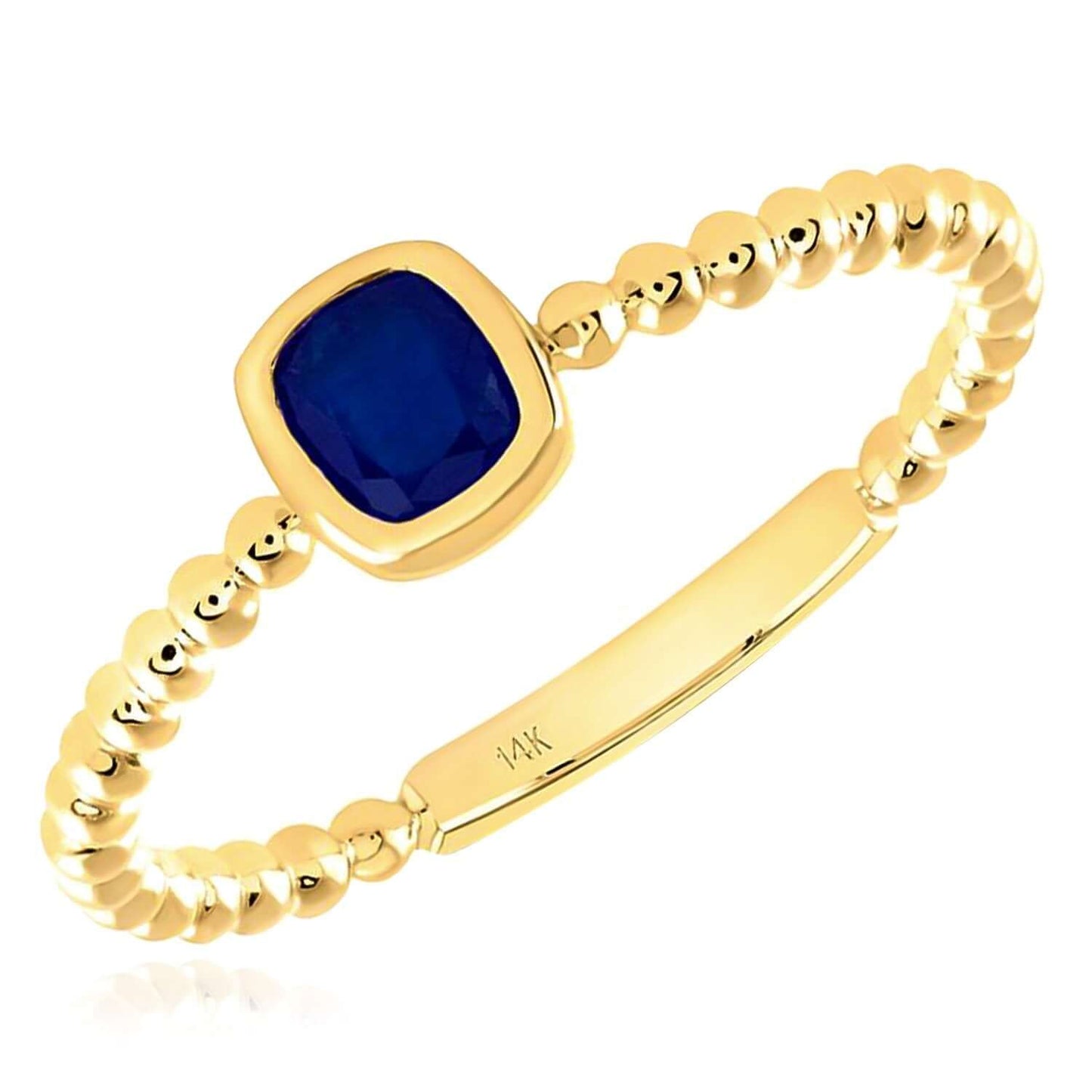 Natural Blue Sapphire Real 14K Gold Beaded Cushion-Cut Stackable Band Ring
