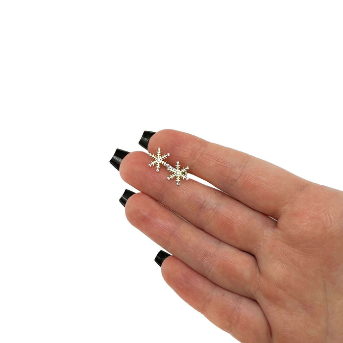 Real 14K Gold Snowflake Stud Earrings Screw Back CZ 11mm - WJD Exclusives