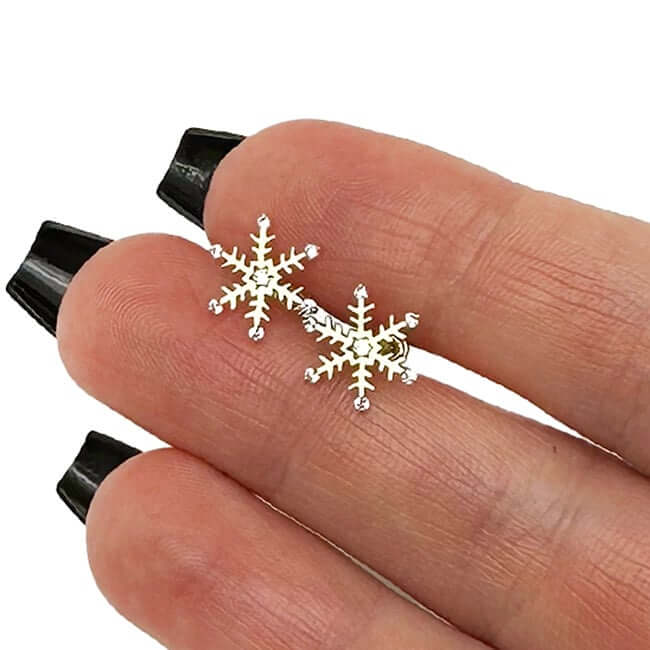 Real 14K Gold Snowflake Stud Earrings Screw Back CZ 11mm - WJD Exclusives