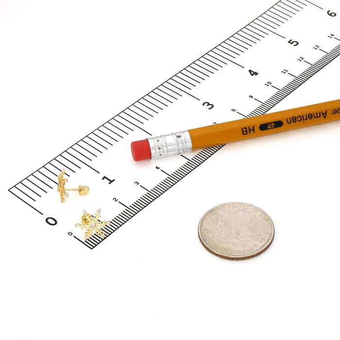 Real 14K Gold Snowflake Stud Earrings Screw Back CZ 11mm - WJD Exclusives